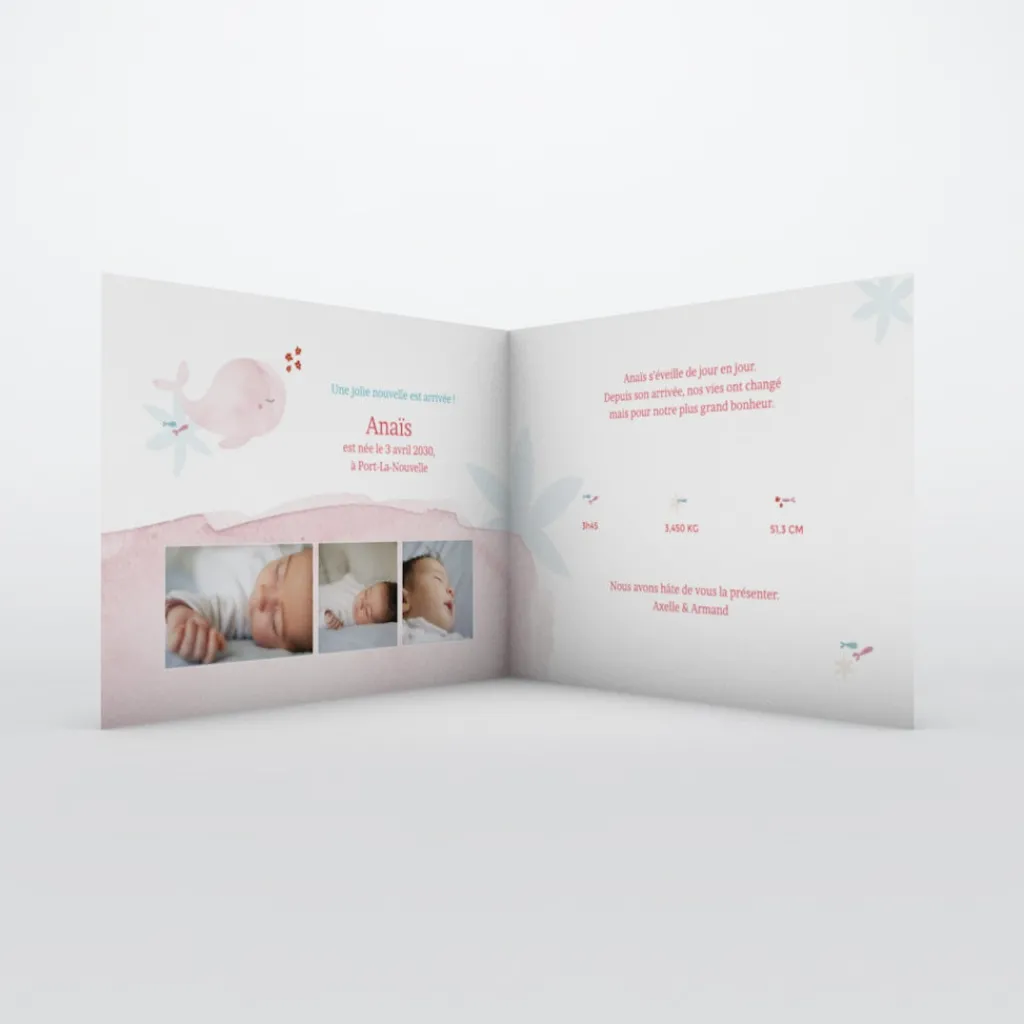 Faire-part Naissance Animaux | Faire-part Naissance Magnet^Planet cards Ma petite baleine Rose