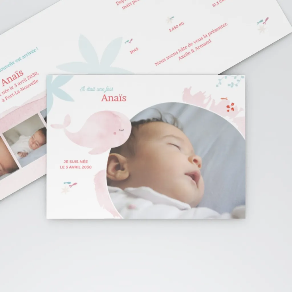 Faire-part Naissance Animaux | Faire-part Naissance Magnet^Planet cards Ma petite baleine Rose