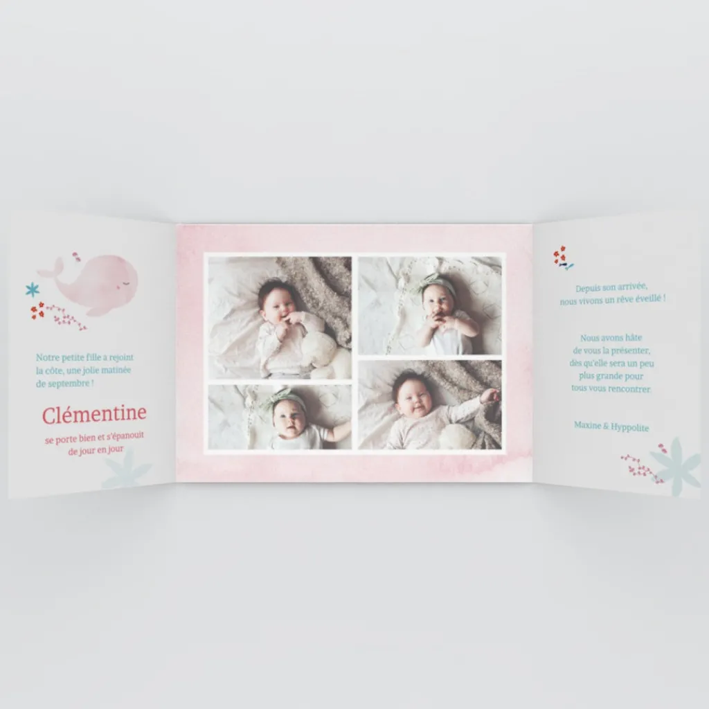Faire-part Naissance Animaux | Faire-part Naissance Magnet^Planet cards Ma petite baleine Rose