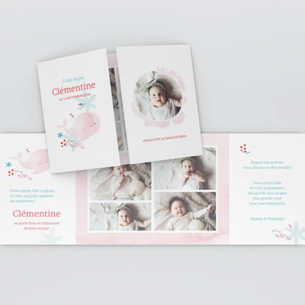 Faire-part Naissance Animaux | Faire-part Naissance Magnet^Planet cards Ma petite baleine Rose