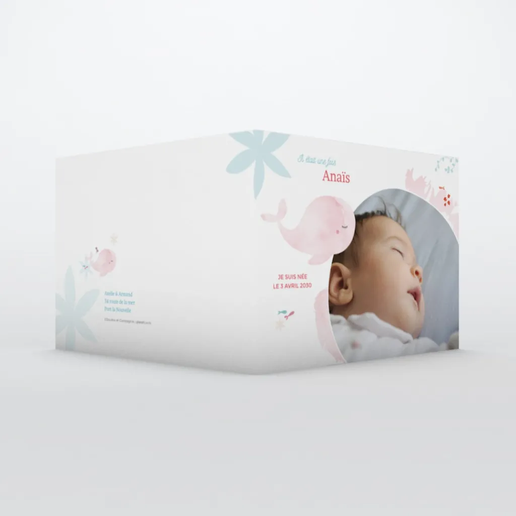 Faire-part Naissance Animaux | Faire-part Naissance Magnet^Planet cards Ma petite baleine Rose