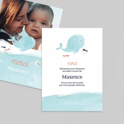 Carte Remerciement Naissance Garçon^Planet cards Ma petite baleine Turquoise