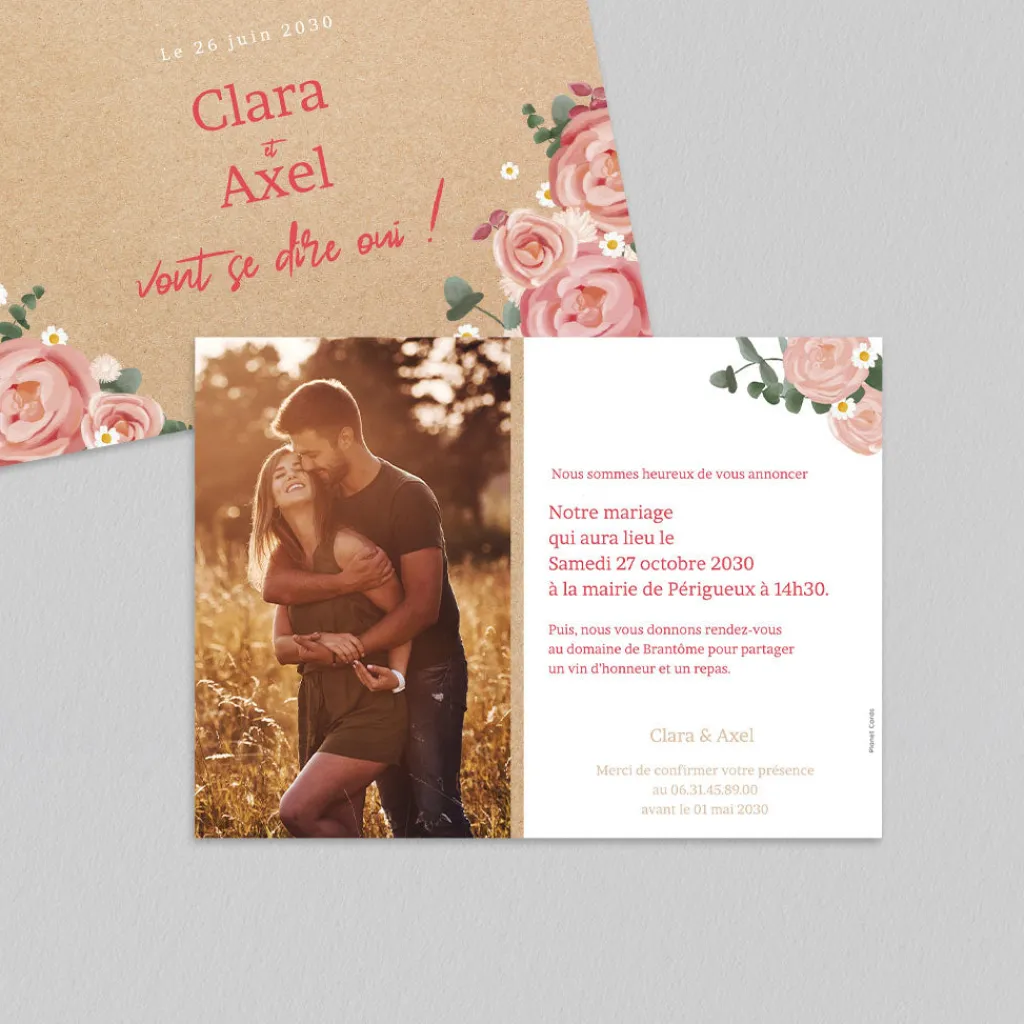 Faire-part Mariage Bohème | Faire-part Mariage Champêtre^Planet cards Marguerites et Roses