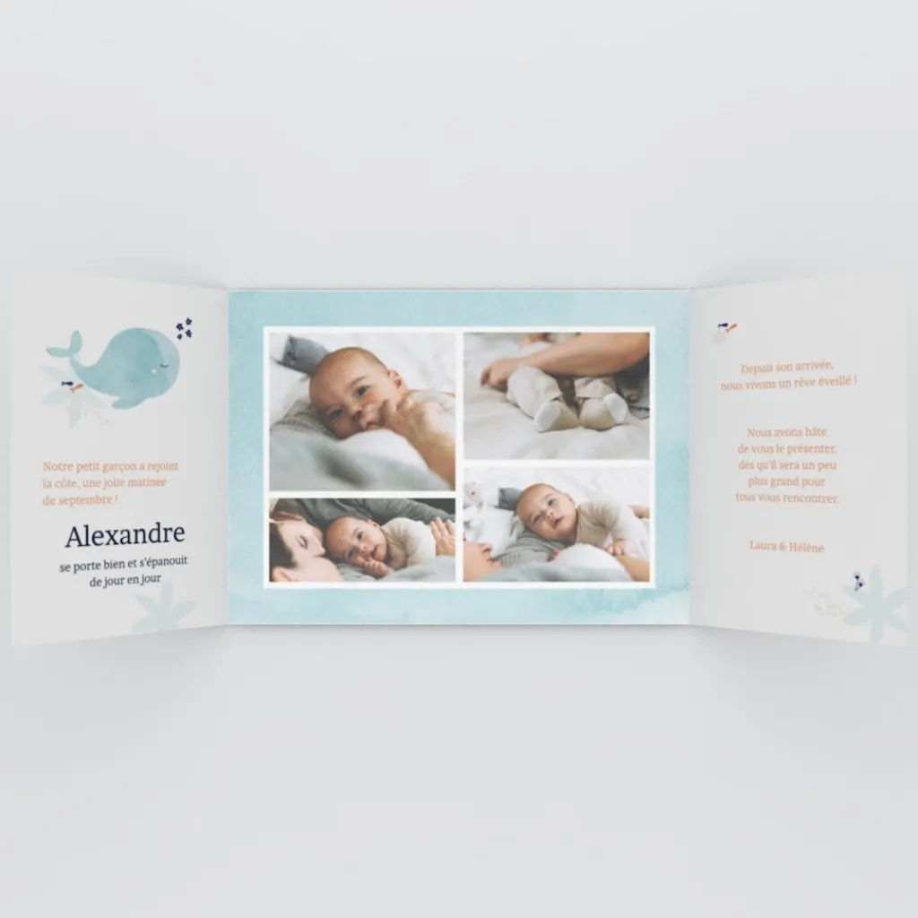 Faire-part Naissance Animaux | Faire-part Naissance Garçon^Planet cards Mon Doudou Baleine Turquoise