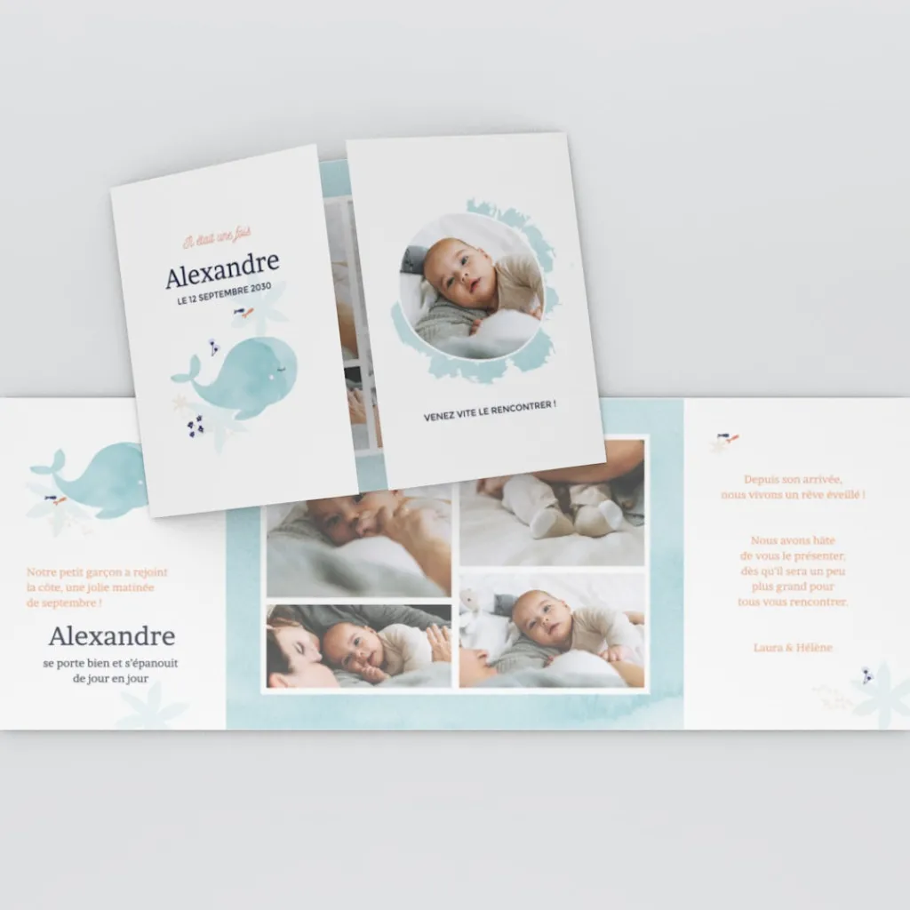 Faire-part Naissance Animaux | Faire-part Naissance Garçon^Planet cards Mon Doudou Baleine Turquoise