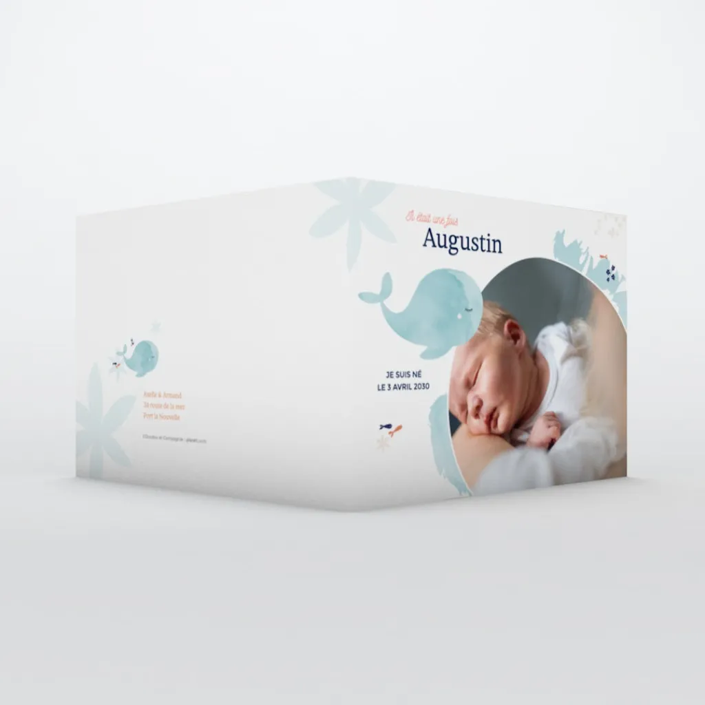 Faire-part Naissance Animaux | Faire-part Naissance Garçon^Planet cards Mon Doudou Baleine Turquoise