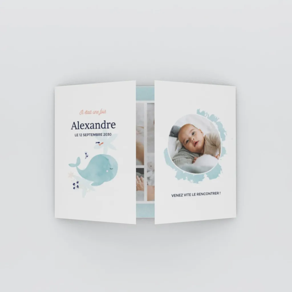Faire-part Naissance Animaux | Créations En Collaboration^Planet cards Mon petit Doudou Baleine Turquoise