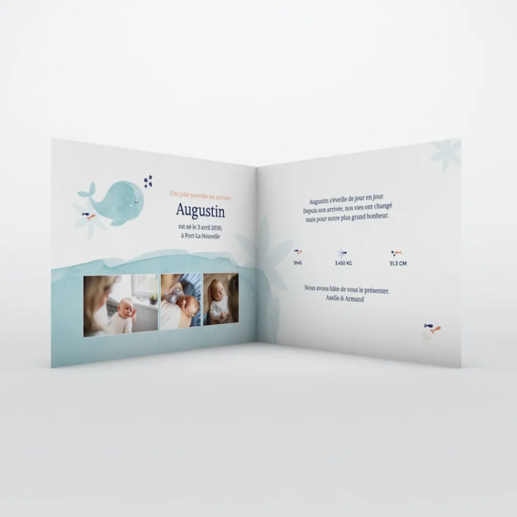 Faire-part Naissance Animaux | Créations En Collaboration^Planet cards Mon petit Doudou Baleine Turquoise