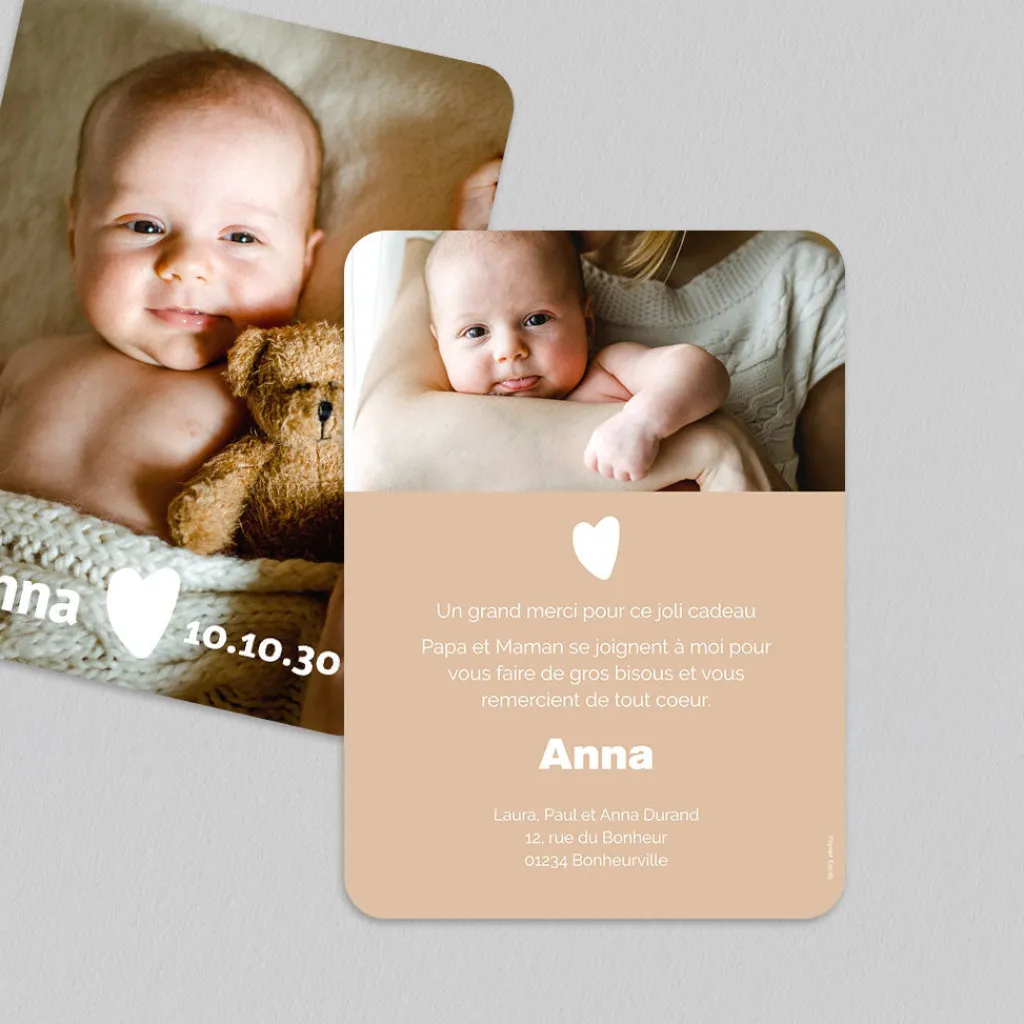 Carte Remerciement Naissance Classique^Planet cards Naissance et Coeur Blanc