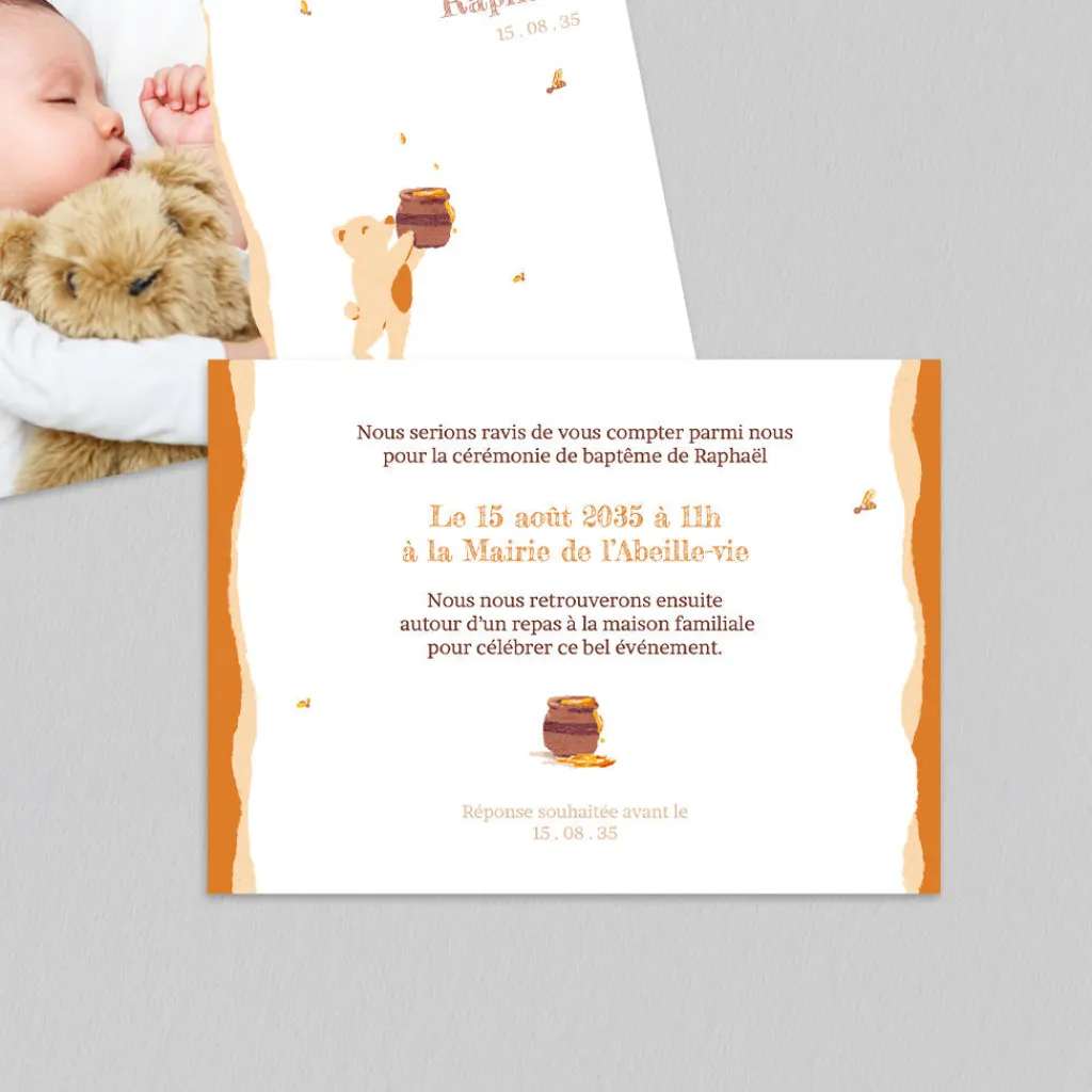 Faire-part Baptême Civil^Planet cards Ours et Petit pot de Miel
