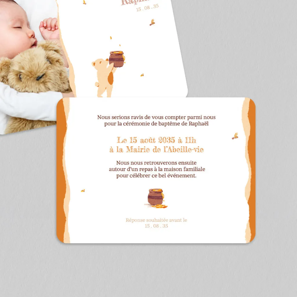 Faire-part Baptême Civil^Planet cards Ours et Petit pot de Miel