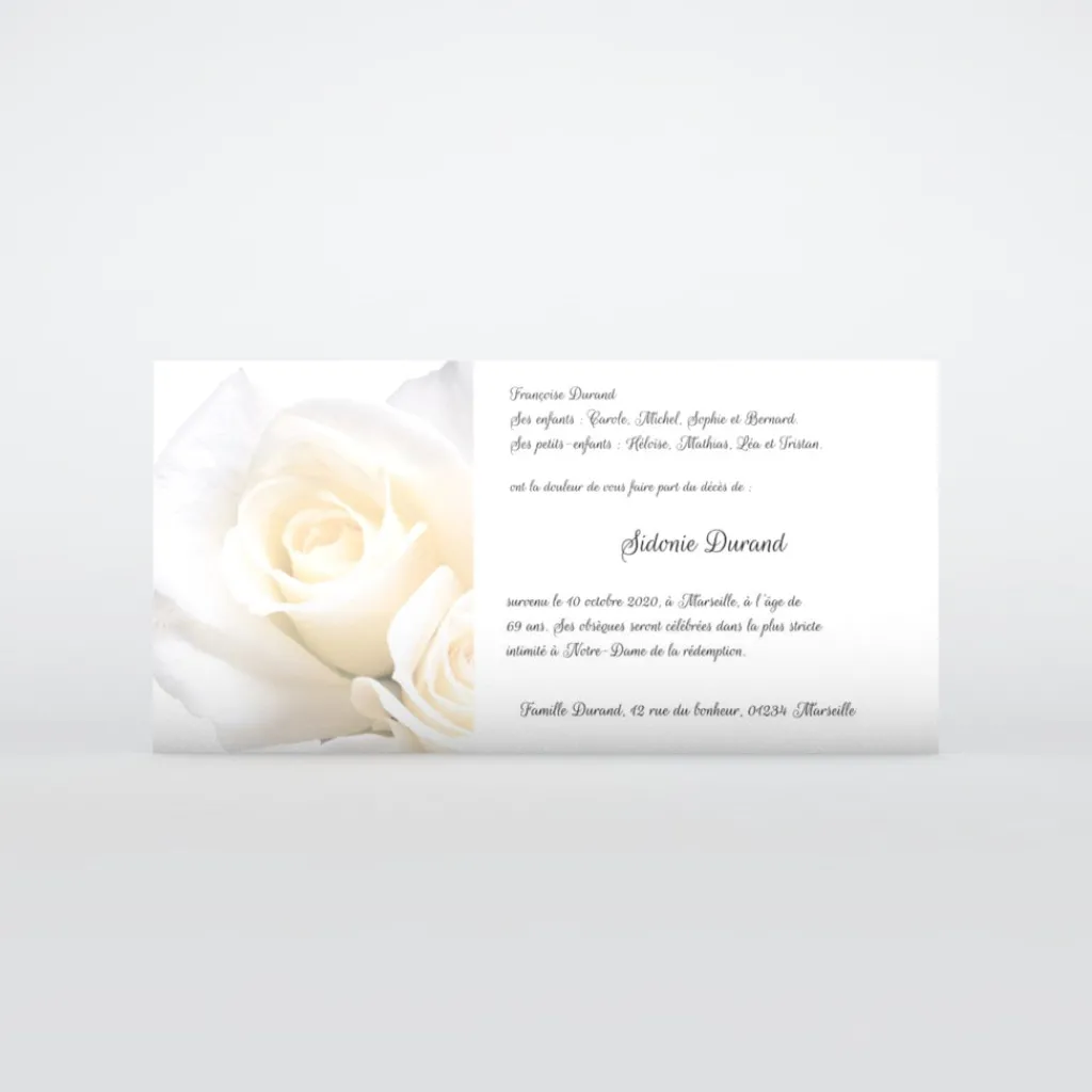 Carte Remerciement Décès^Planet cards Paix et roses blanches