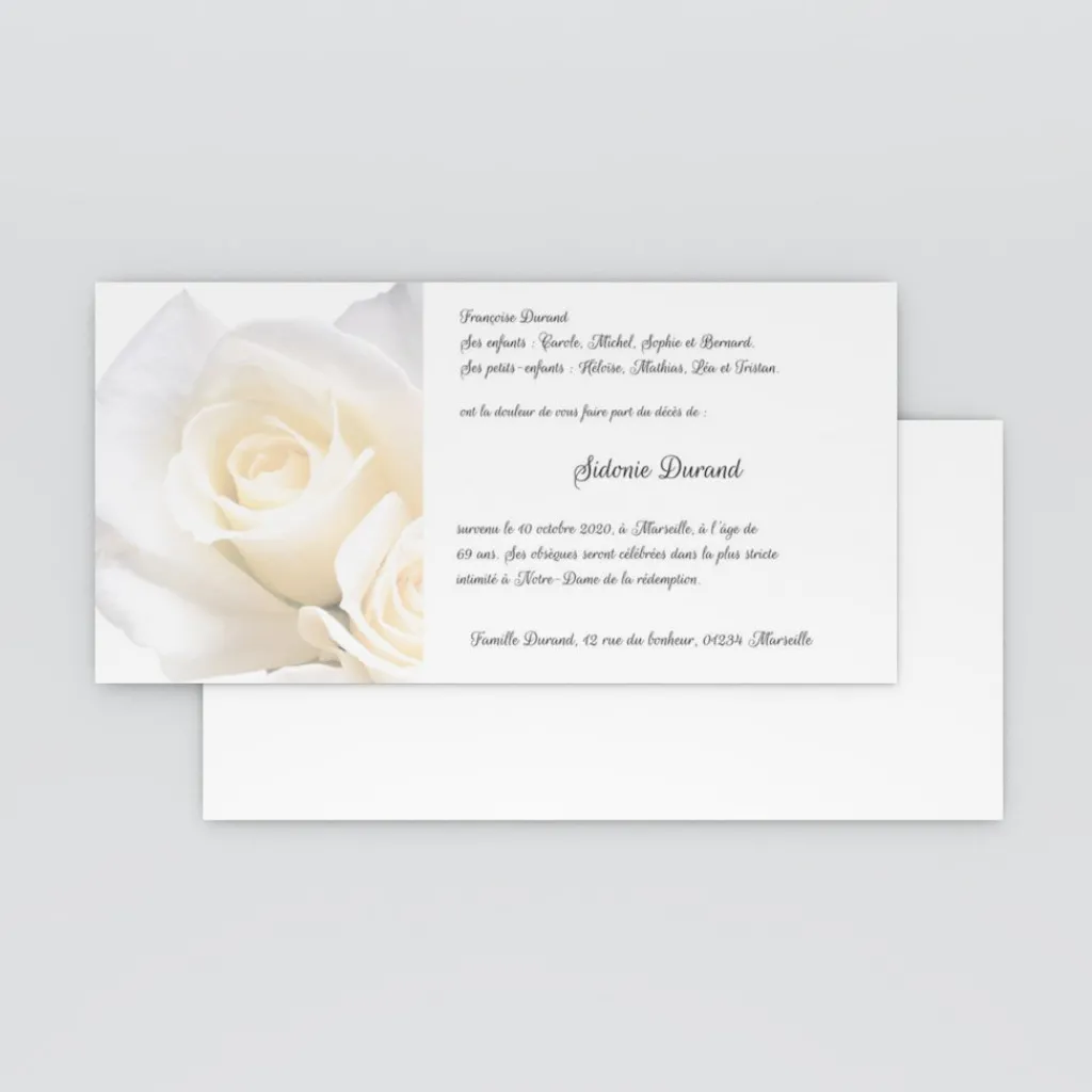 Carte Remerciement Décès^Planet cards Paix et roses blanches