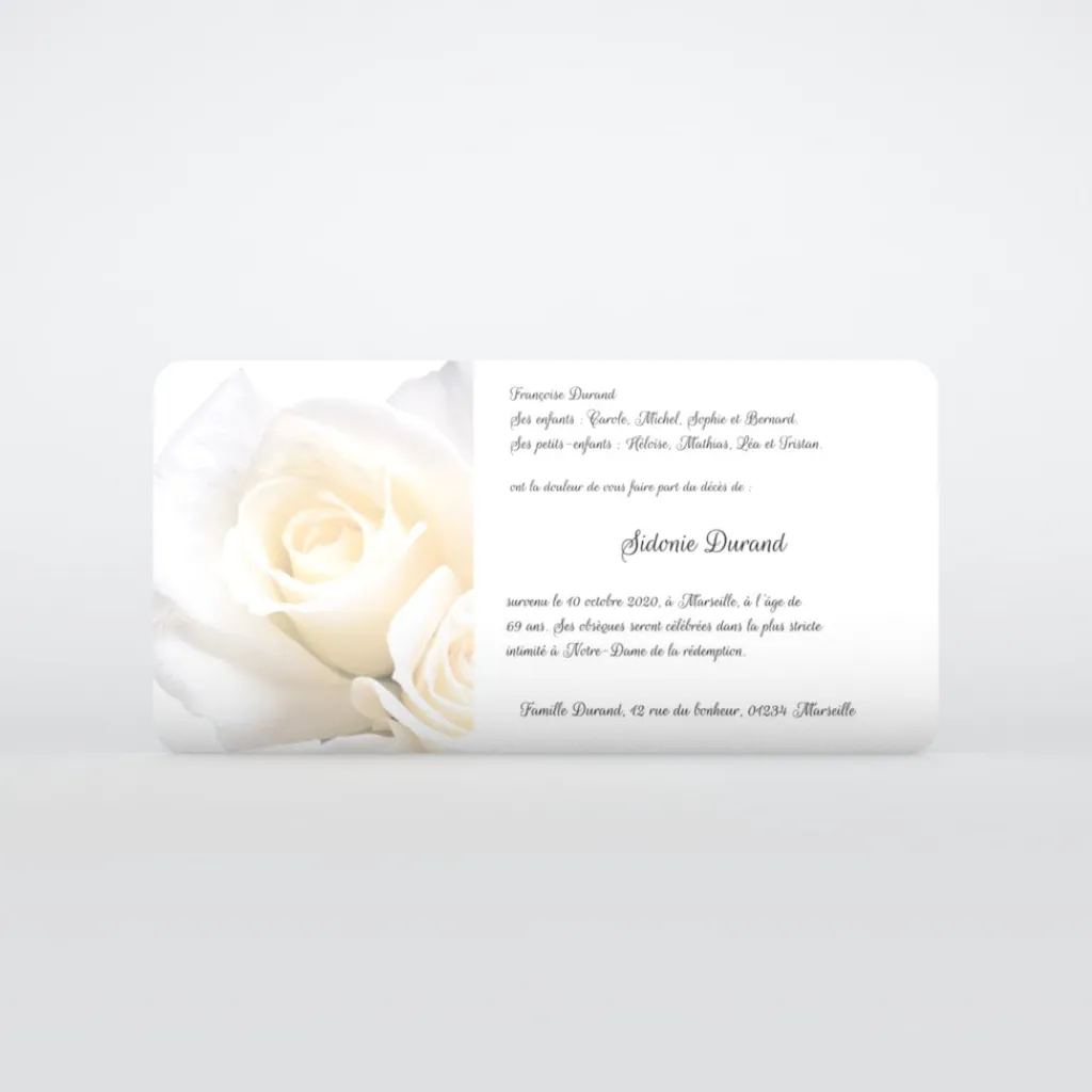 Carte Remerciement Décès^Planet cards Paix et roses blanches