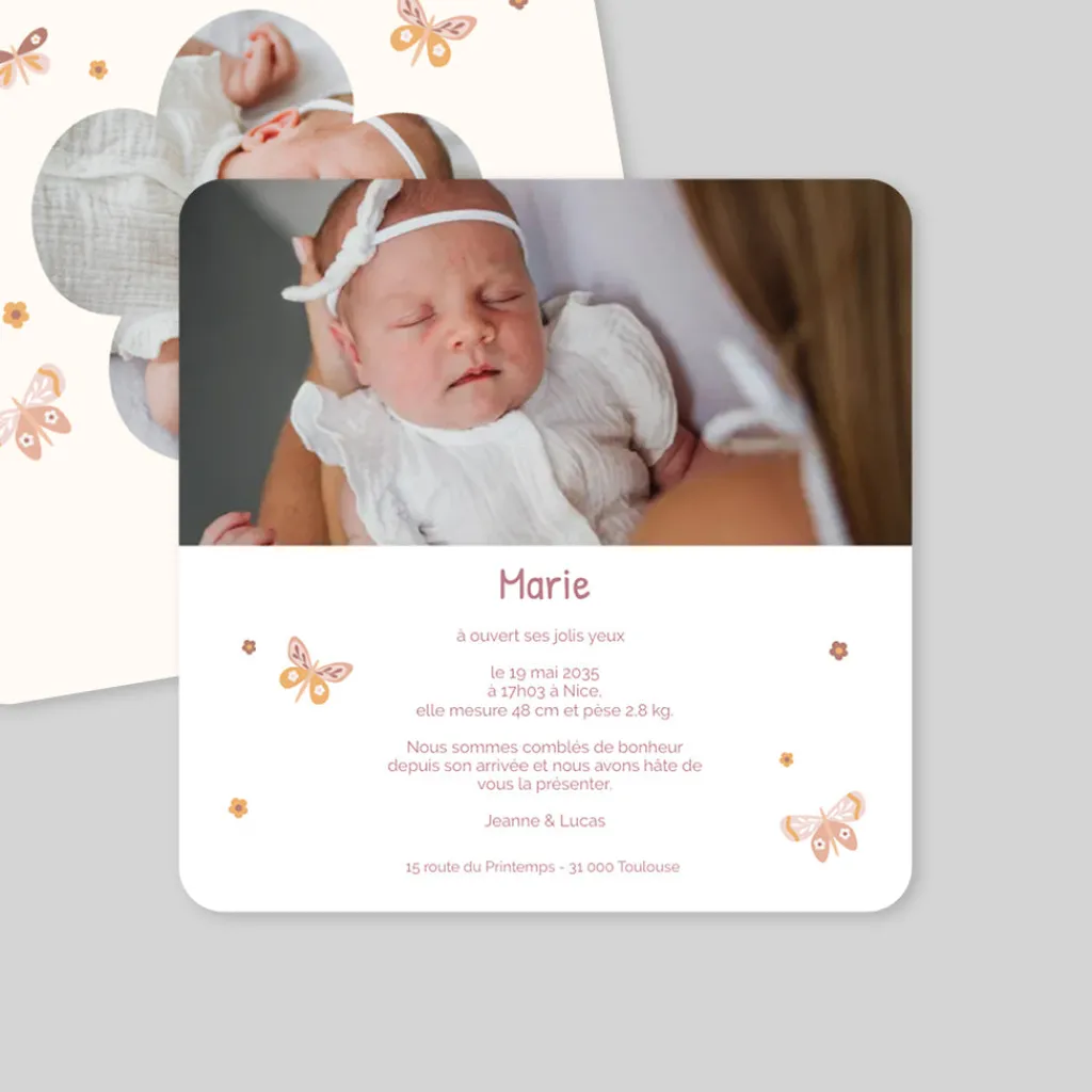 Faire-part Naissance Animaux | Faire-part Naissance Fille^Planet cards Papillons et Fleurs
