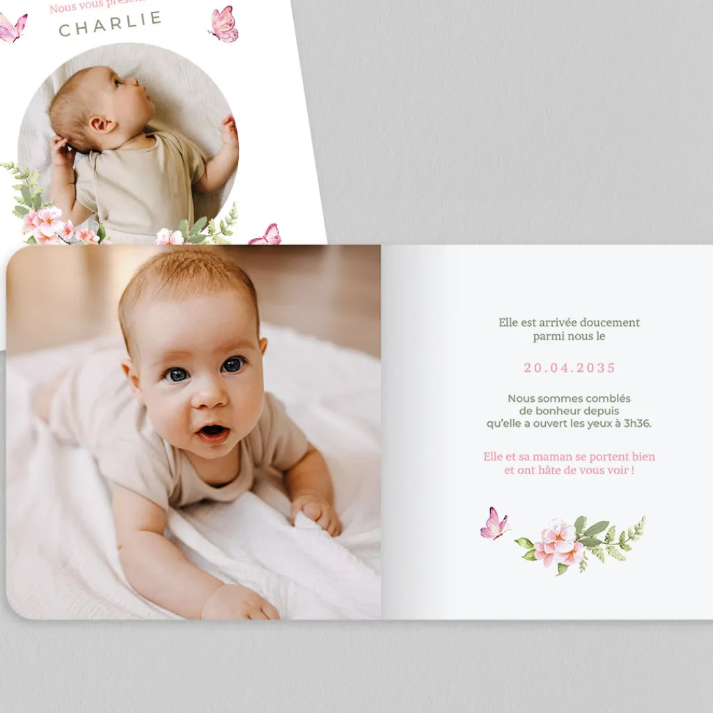 Faire-part Naissance Animaux | Faire-part Naissance Fille^Planet cards Papillons Roses