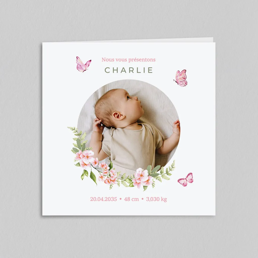 Faire-part Naissance Animaux | Faire-part Naissance Fille^Planet cards Papillons Roses