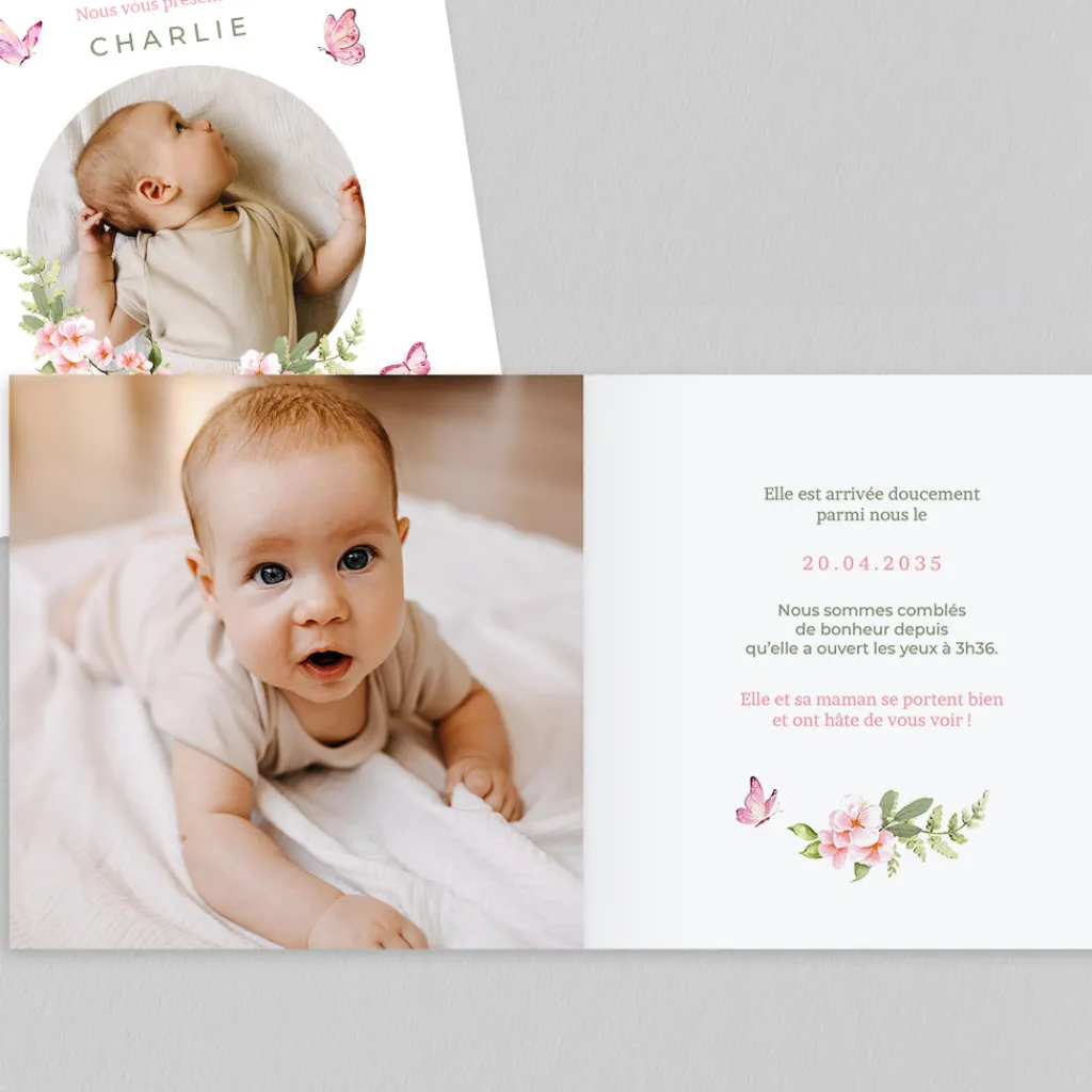 Faire-part Naissance Animaux | Faire-part Naissance Fille^Planet cards Papillons Roses