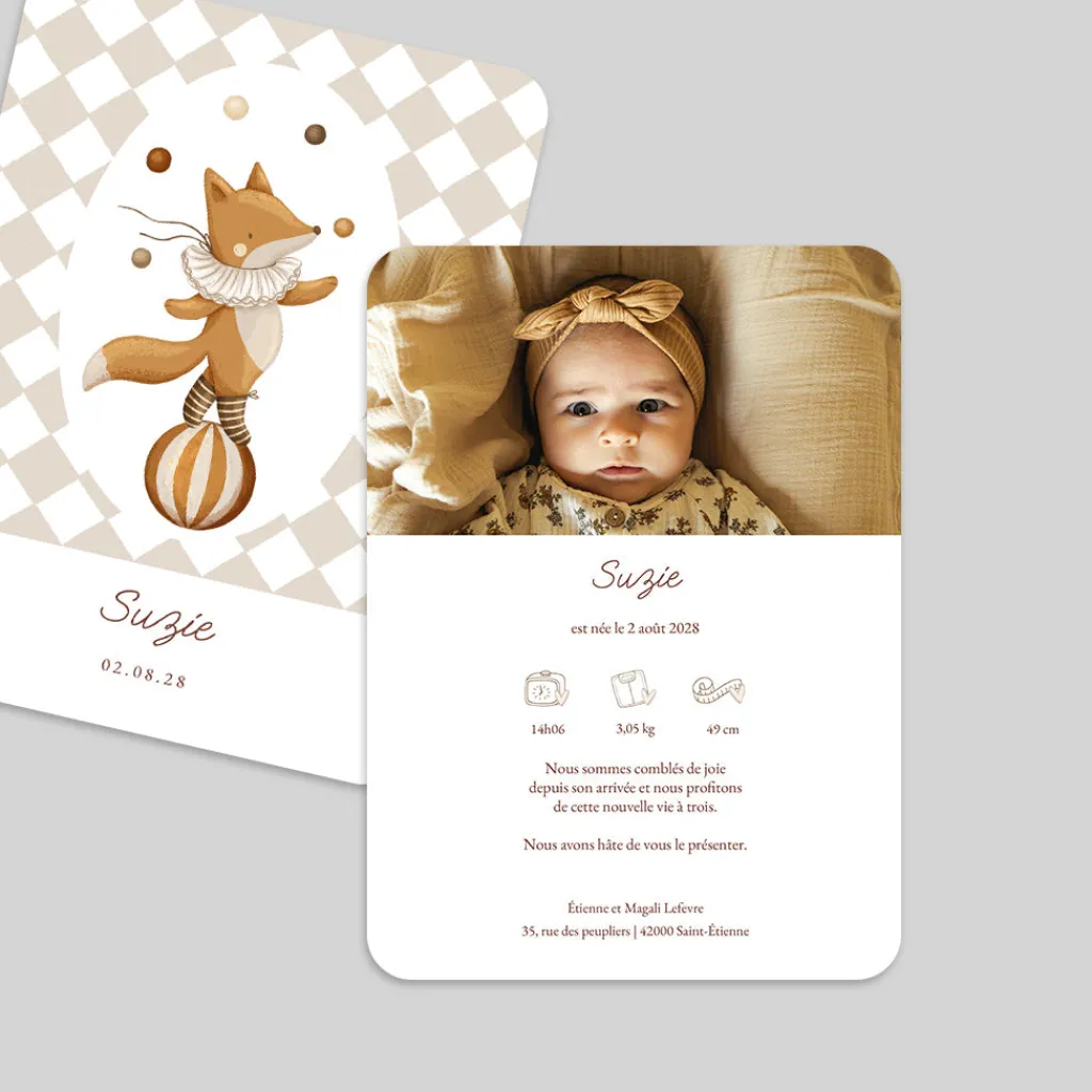Faire-part Naissance Animaux | Faire-part Naissance Fille^Planet cards Petit Renard du cirque