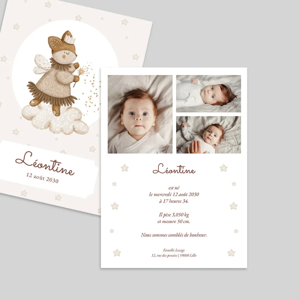 Faire-part Naissance Animaux | Faire-part Naissance Fille^Planet cards Petit Renard et étoiles