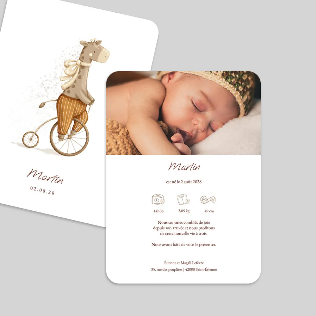 Faire-part Naissance Animaux | Faire-part Naissance Fille^Planet cards Petite Girafe au cirque