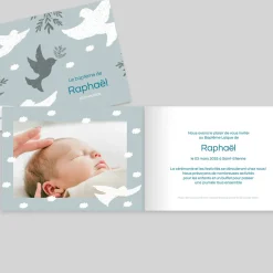 Faire-part Baptême Champêtre | Faire-part Baptême Garçon^Planet cards Petites Colombes et Branches Garçon