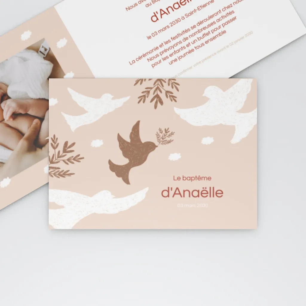 Faire-part Baptême Champêtre | Faire-part Baptême Fille^Planet cards Petits Oiseaux en Frise Fille
