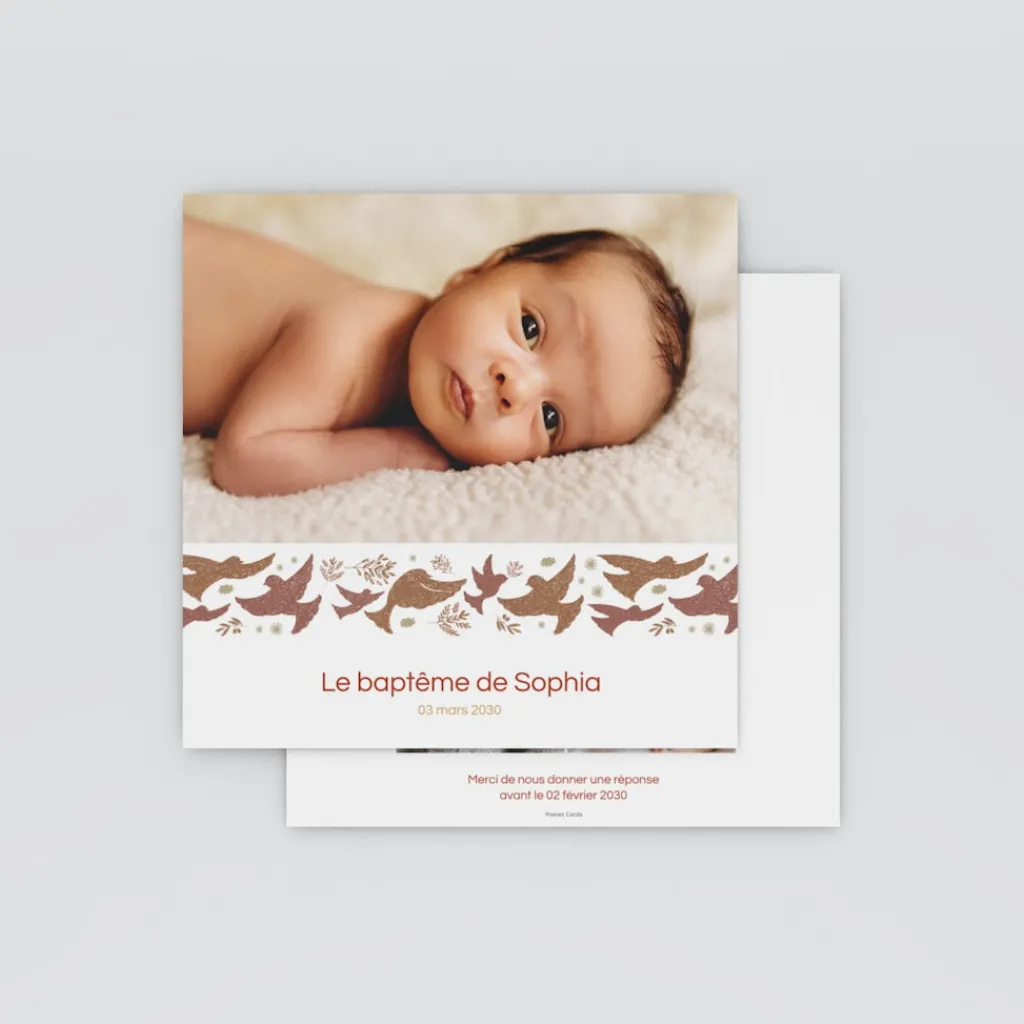 Faire-part Baptême Champêtre | Faire-part Baptême Fille^Planet cards Petits Oiseaux en Frise Fille