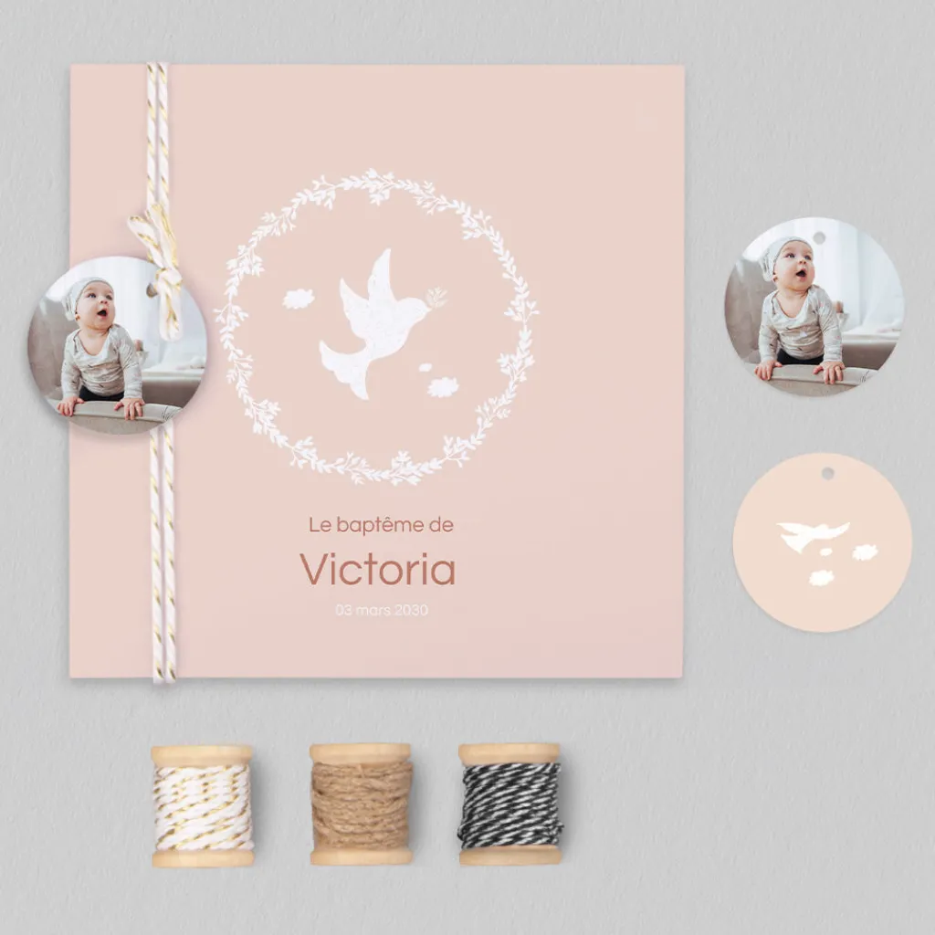 Faire-part Baptême Champêtre | Faire-part Baptême Fille^Planet cards Petits Oiseaux en Frise Fille