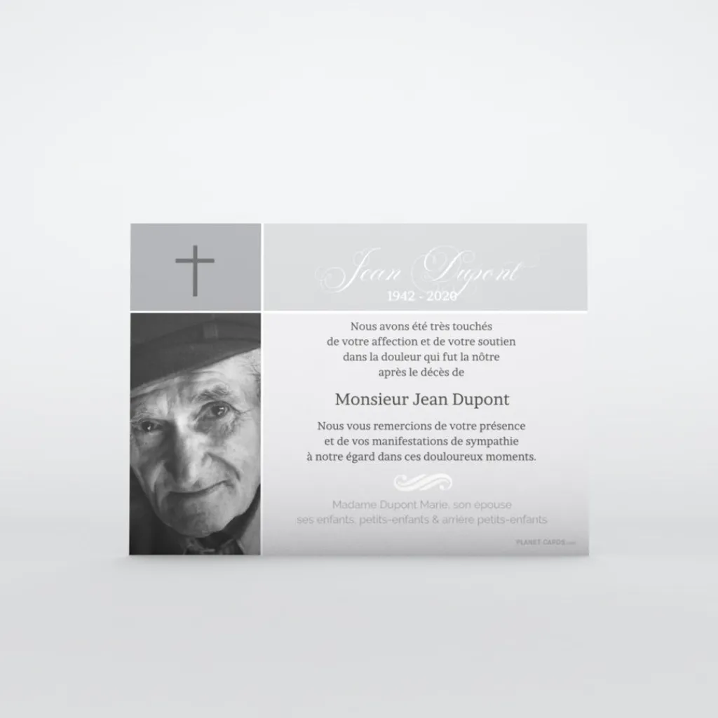Carte Remerciement Décès^Planet cards Photo et croix