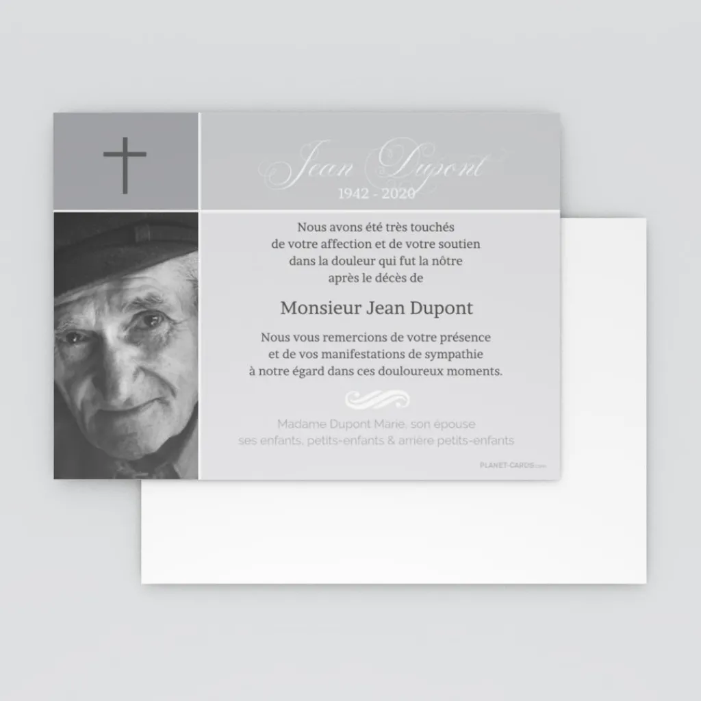 Carte Remerciement Décès^Planet cards Photo et croix