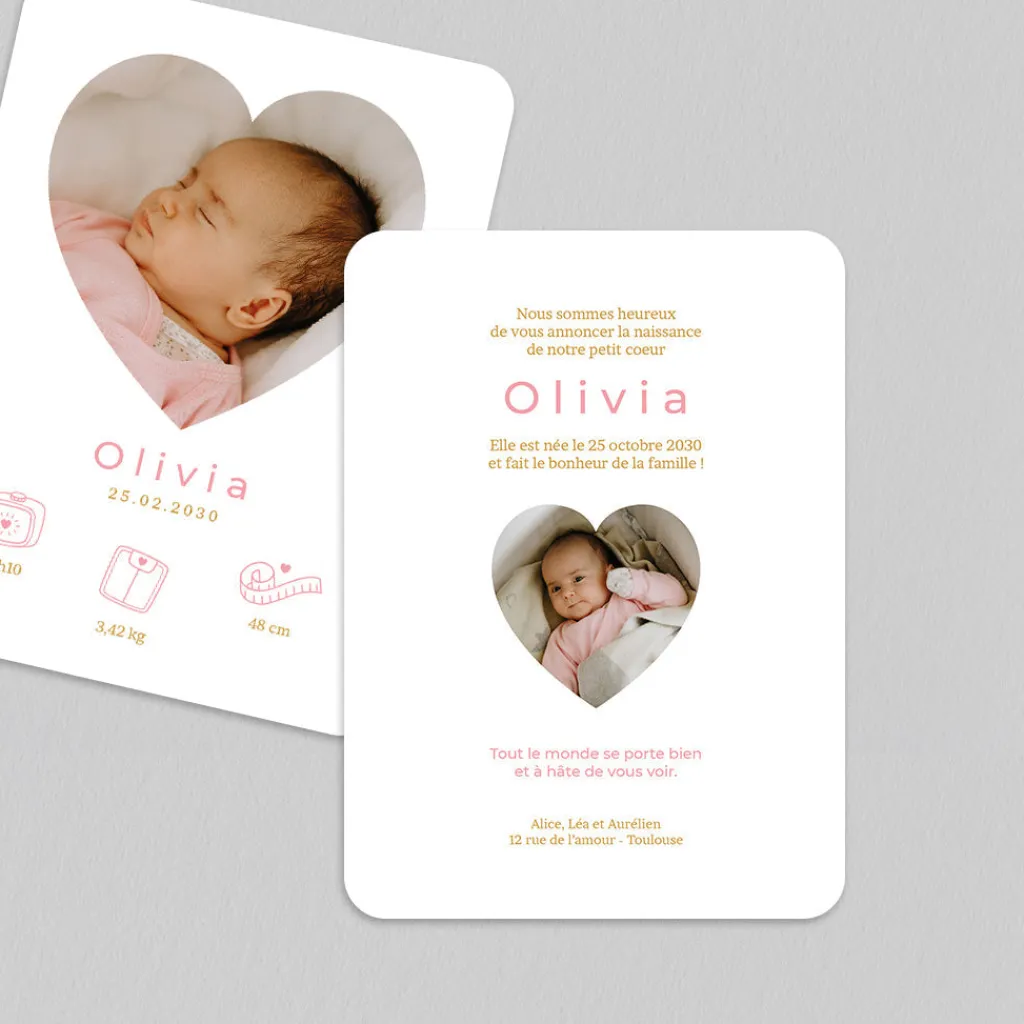 Faire-part Naissance Fille^Planet cards Photo et Pictos en Coeur