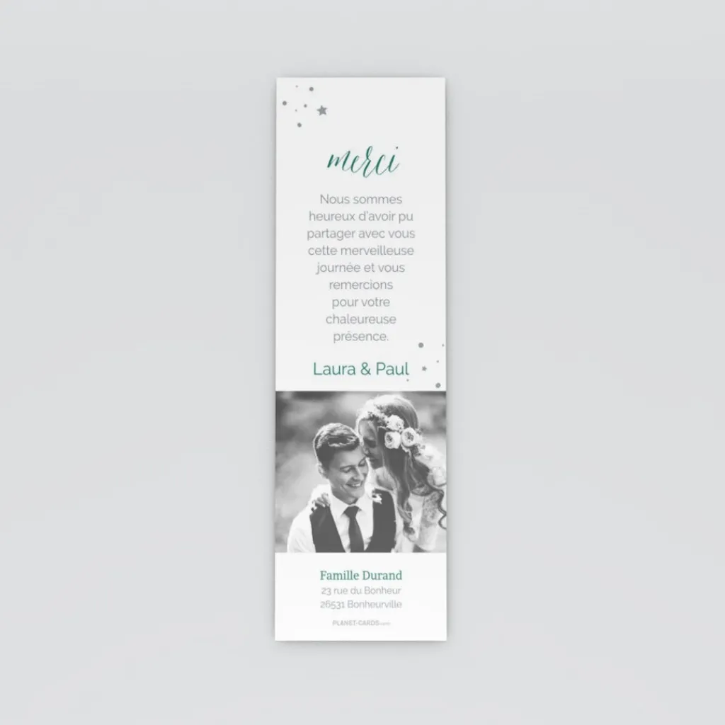 Carte Remerciement Mariage Marque-page^Planet cards Photos etoilés