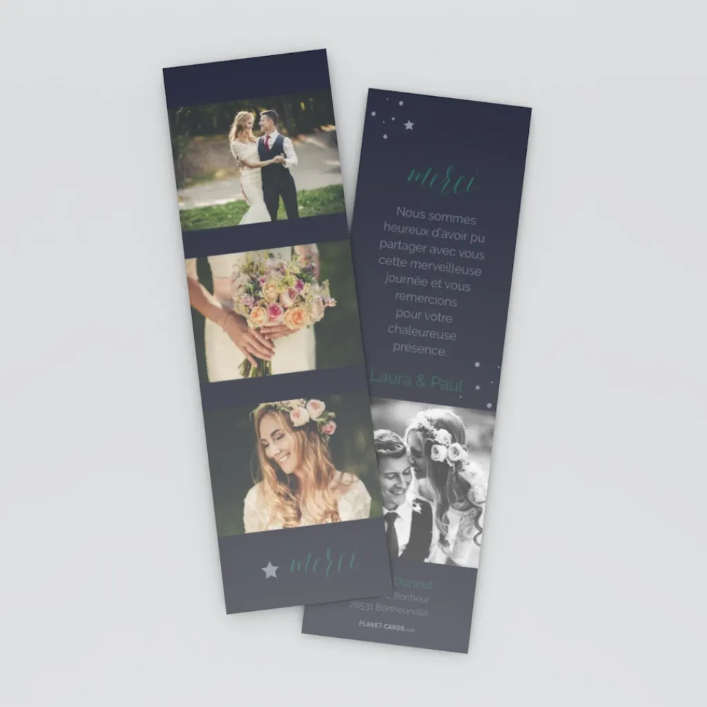 Carte Remerciement Mariage Marque-page^Planet cards Photos etoilés