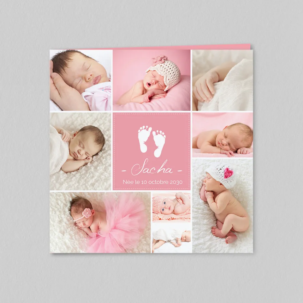 Faire-part Naissance Fille^Planet cards Pêle-mêle et empreintes pieds