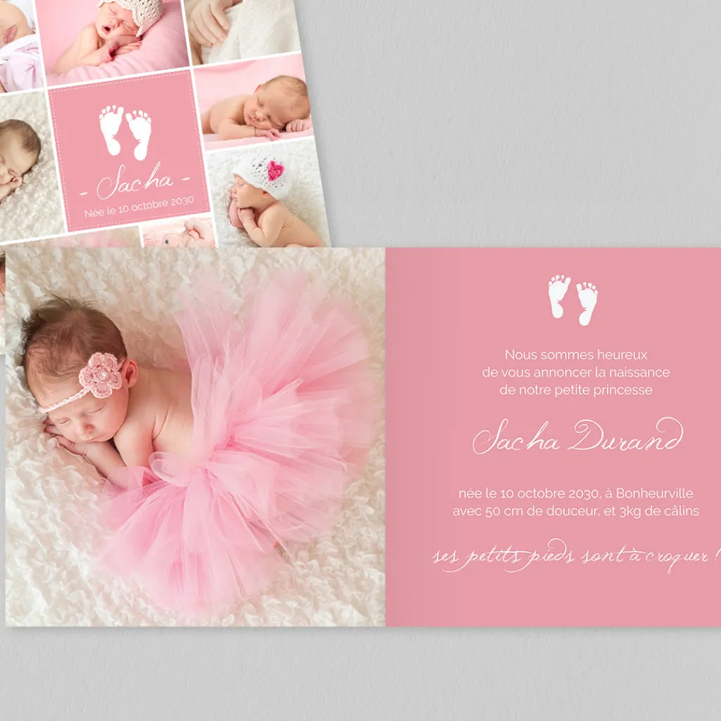 Faire-part Naissance Fille^Planet cards Pêle-mêle et empreintes pieds