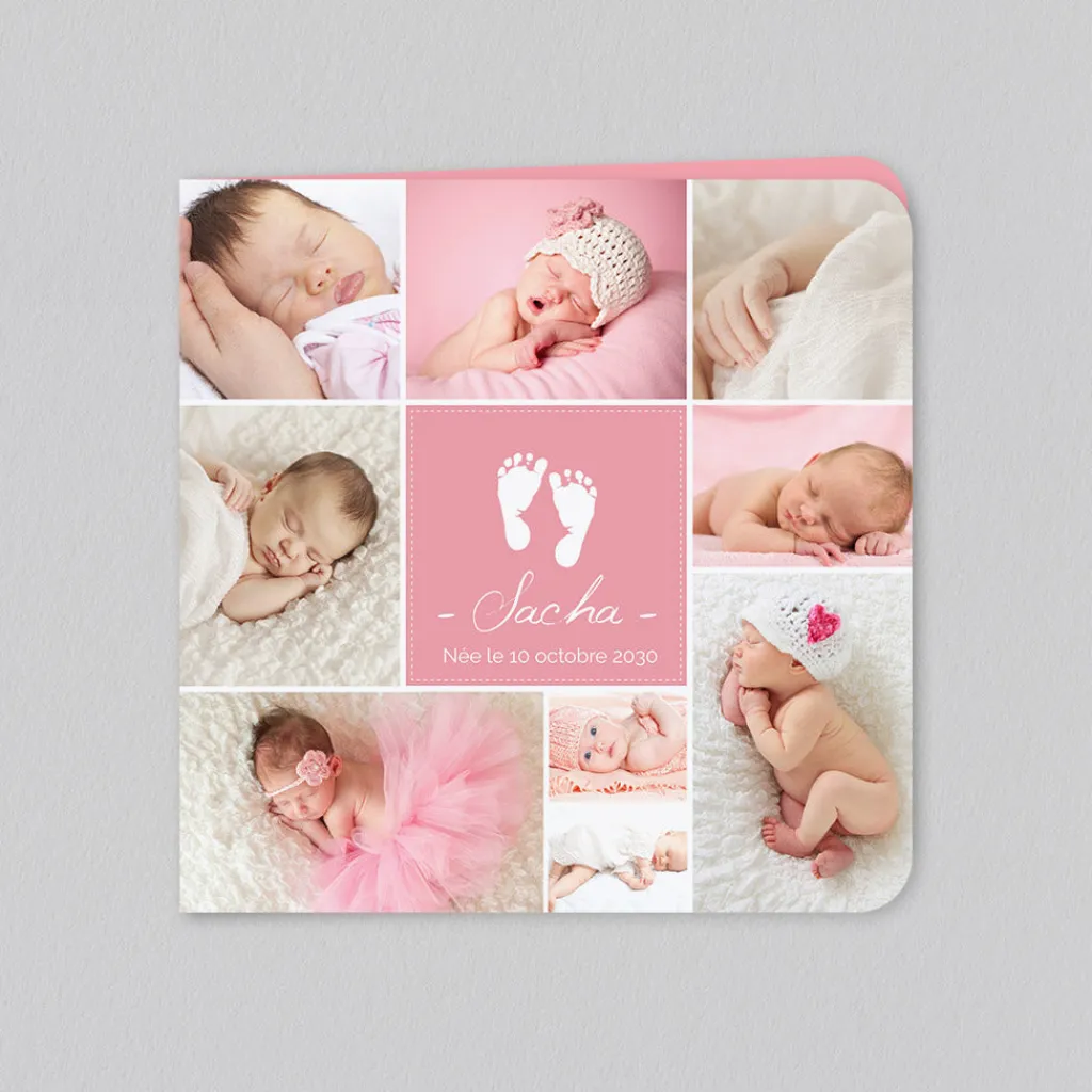 Faire-part Naissance Fille^Planet cards Pêle-mêle et empreintes pieds