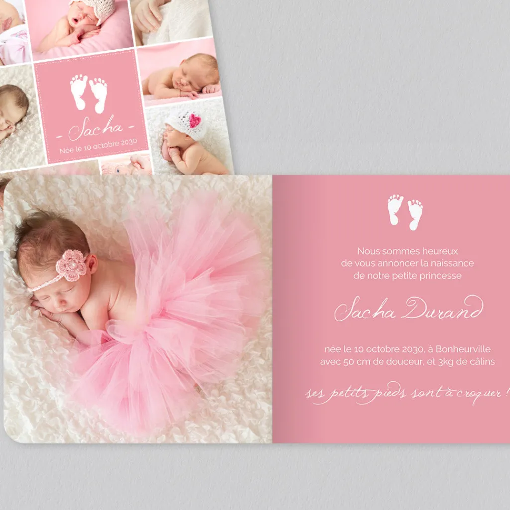 Faire-part Naissance Fille^Planet cards Pêle-mêle et empreintes pieds