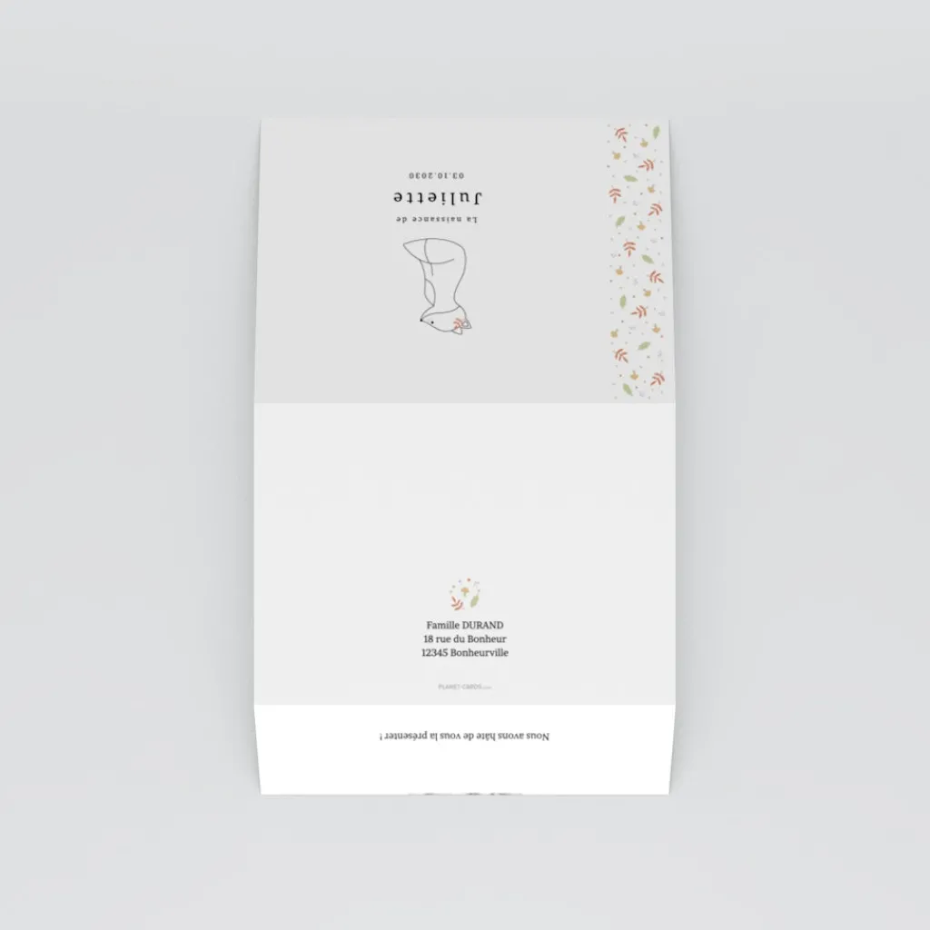 Faire-part Naissance Animaux^Planet cards Renard et Cadre Liberty