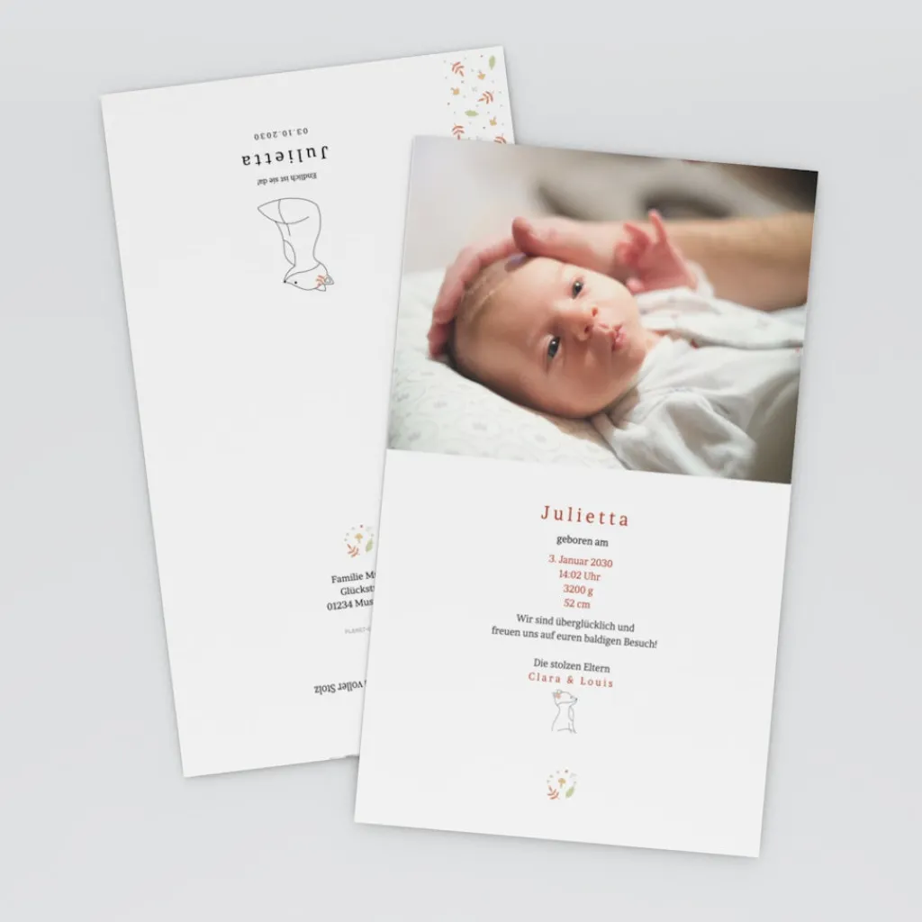 Faire-part Naissance Animaux^Planet cards Renard et Cadre Liberty