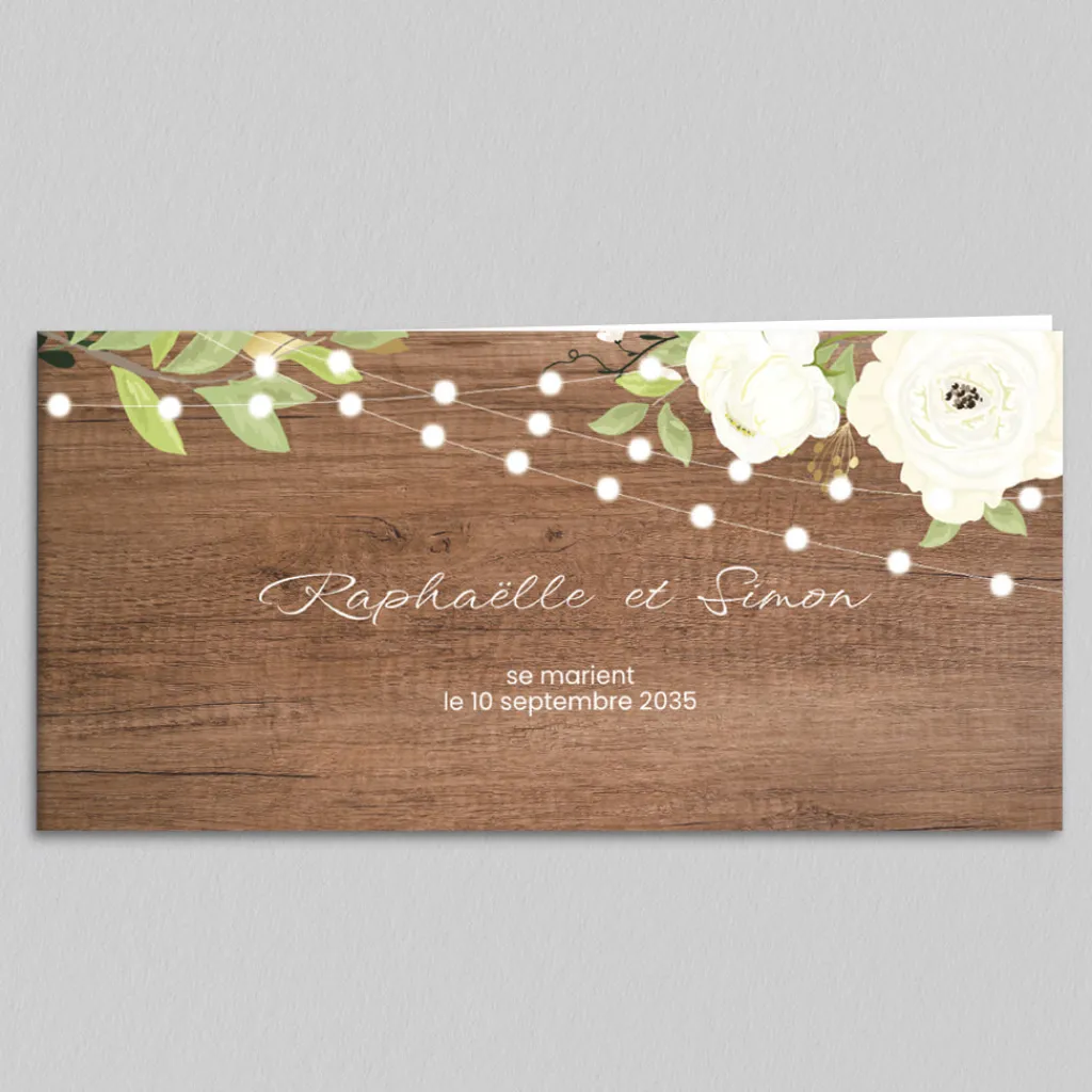 Faire-part Mariage Champêtre^Planet cards Roses bois et lumières