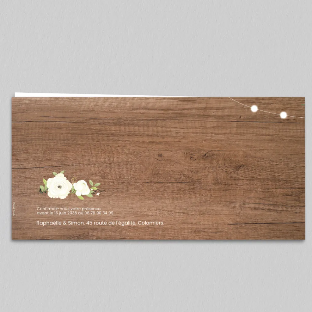 Faire-part Mariage Champêtre^Planet cards Roses bois et lumières