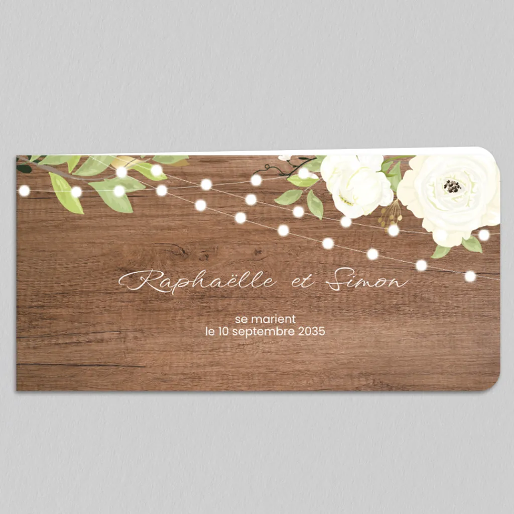 Faire-part Mariage Champêtre^Planet cards Roses bois et lumières