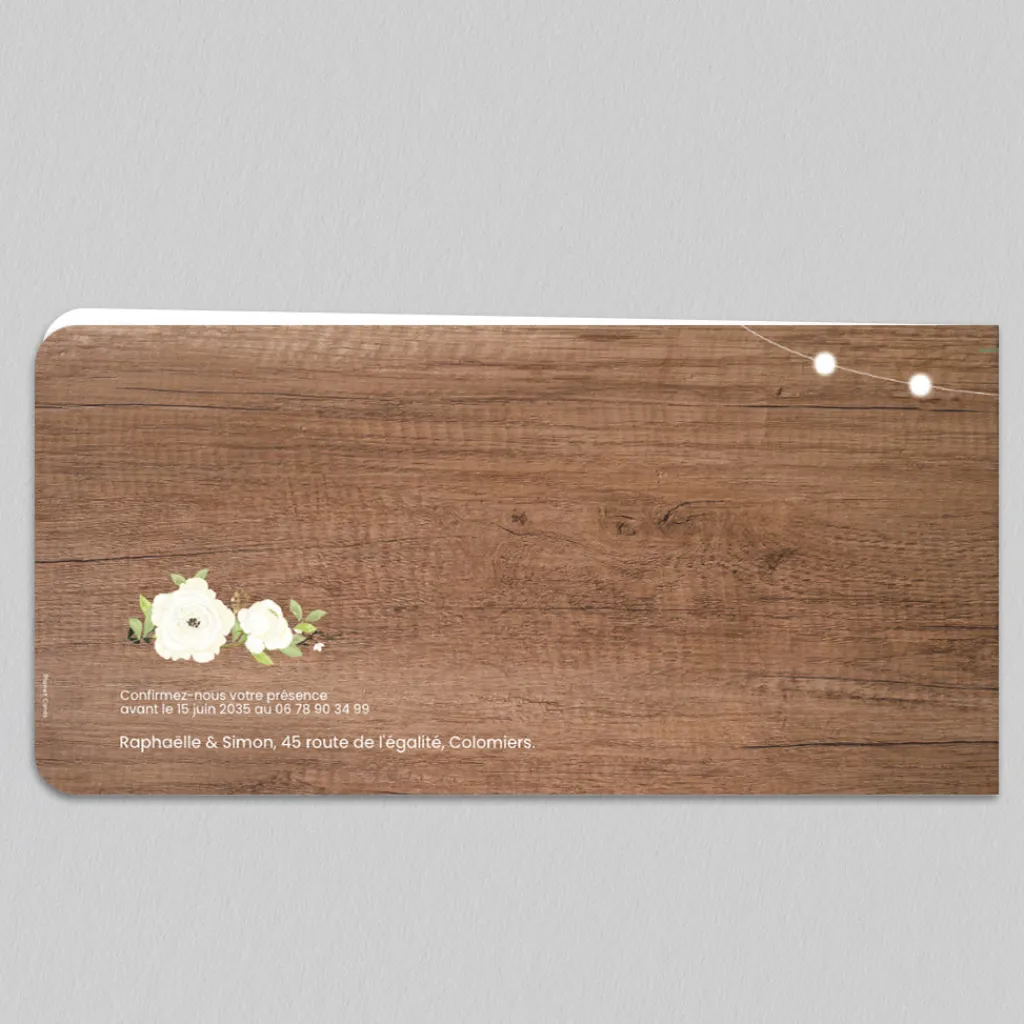 Faire-part Mariage Champêtre^Planet cards Roses bois et lumières
