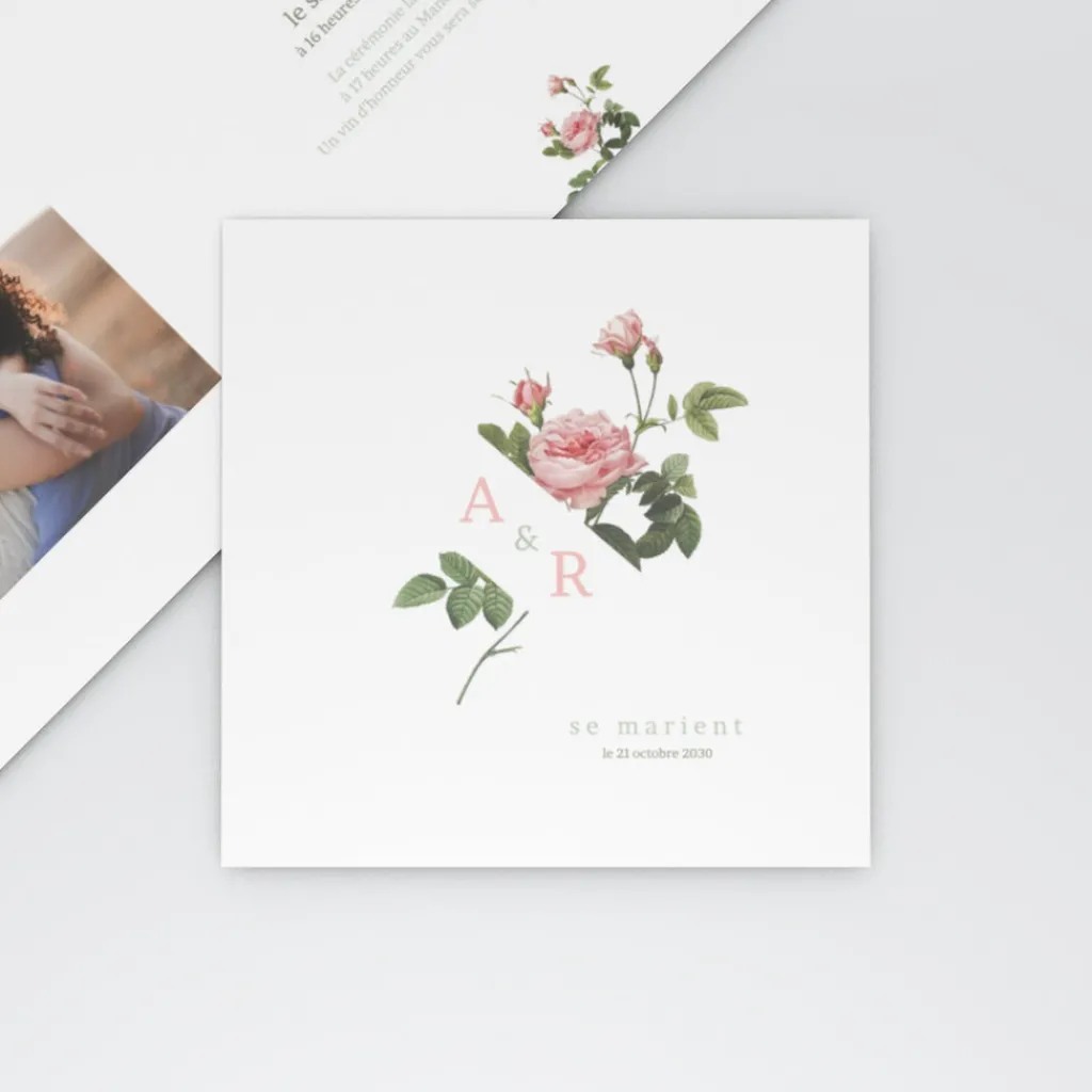 Faire-part Mariage Champêtre^Planet cards Roses Et Initiales