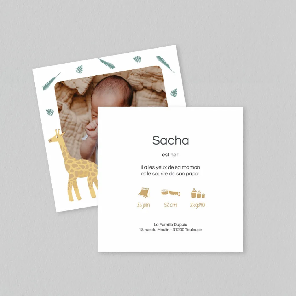 Faire-part Naissance Animaux | Faire-part Naissance Garçon^Planet cards Savane et Girafe