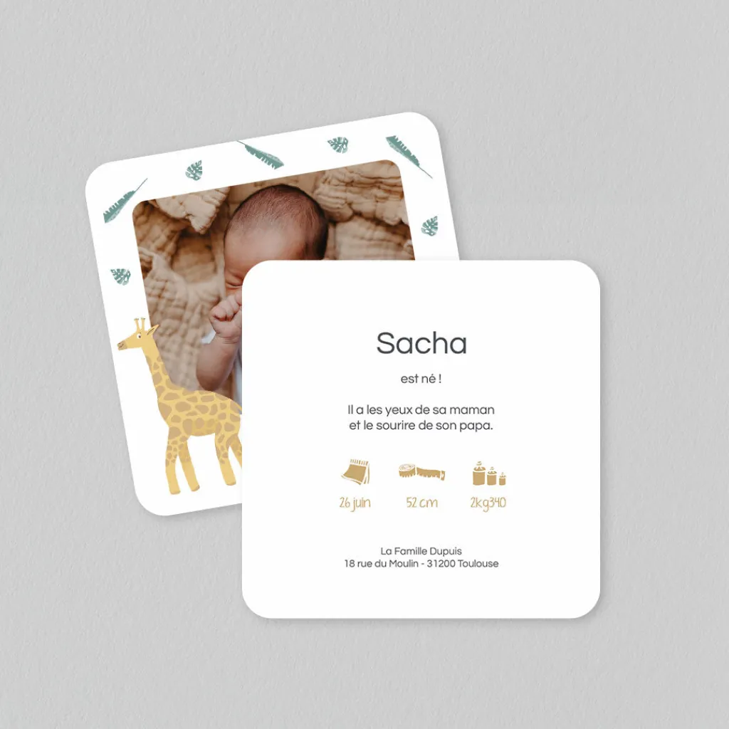 Faire-part Naissance Animaux | Faire-part Naissance Garçon^Planet cards Savane et Girafe