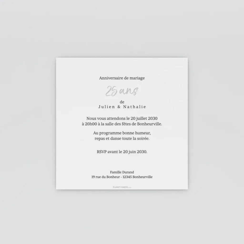 Carte Invitation Noces D'argent | Carte Invitation Noces D'argent^Planet cards Simple Elegant Argent