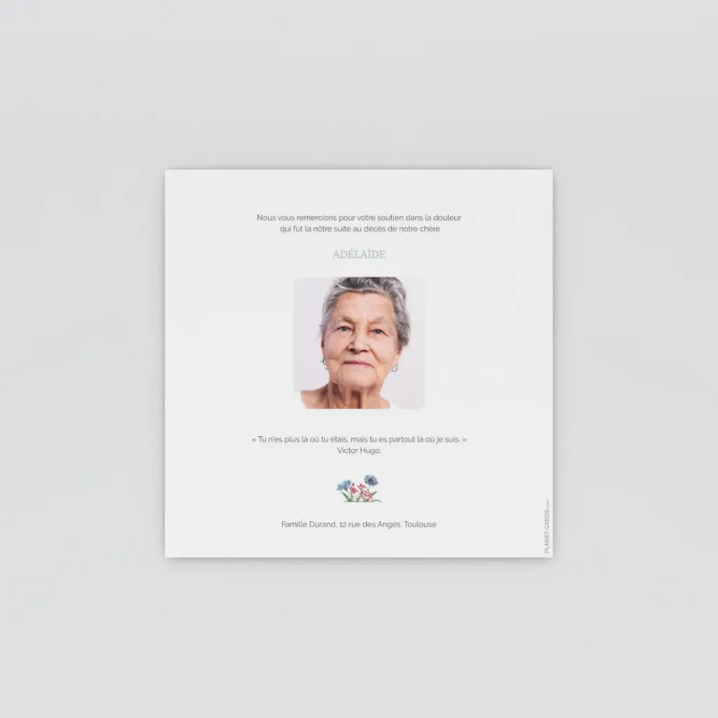 Carte Remerciement Décès^Planet cards Universel Bleuets